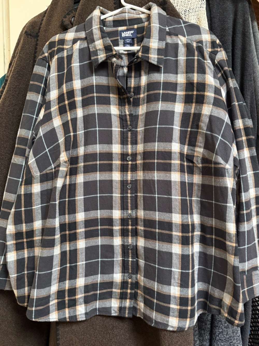 Lands' End Women’s  Black & Gray Plaid Flannel Button-Up Shirt